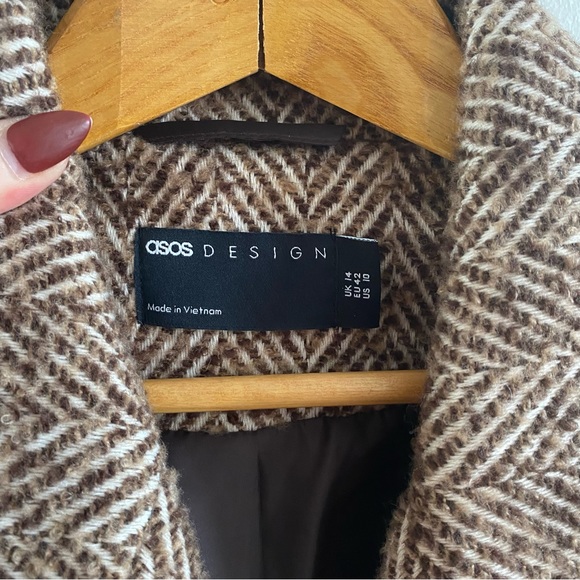 NWOT ASOS DESIGN Smart Herringbone Pea Coat Long Dad Coat Brown Boxy Oversized - Picture 9 of 12